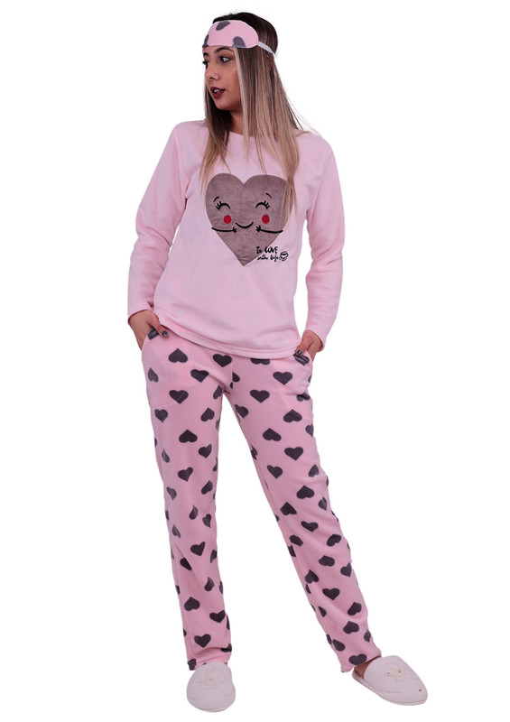 Snc Kalp Desenli Polar Pijama Takımı 7121 | Pembe - Thumbnail