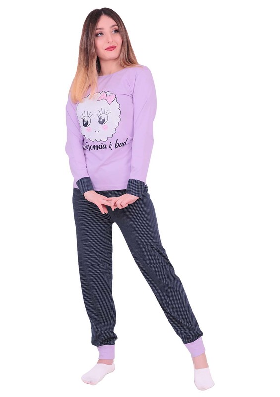 Sude Çizgi Karakter Baskılı Uzun Kollu Pijama Takımı 3097 | Lila - Thumbnail