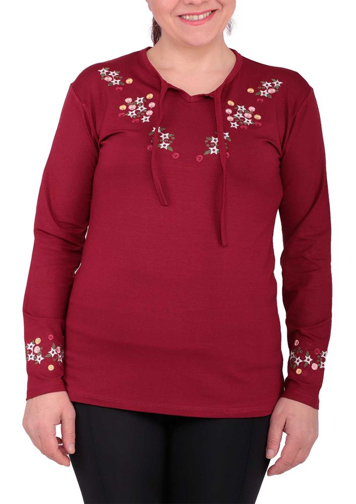 Yakası Kolları Çiçekli Uzun Kollu Bluz 735 | Bordo