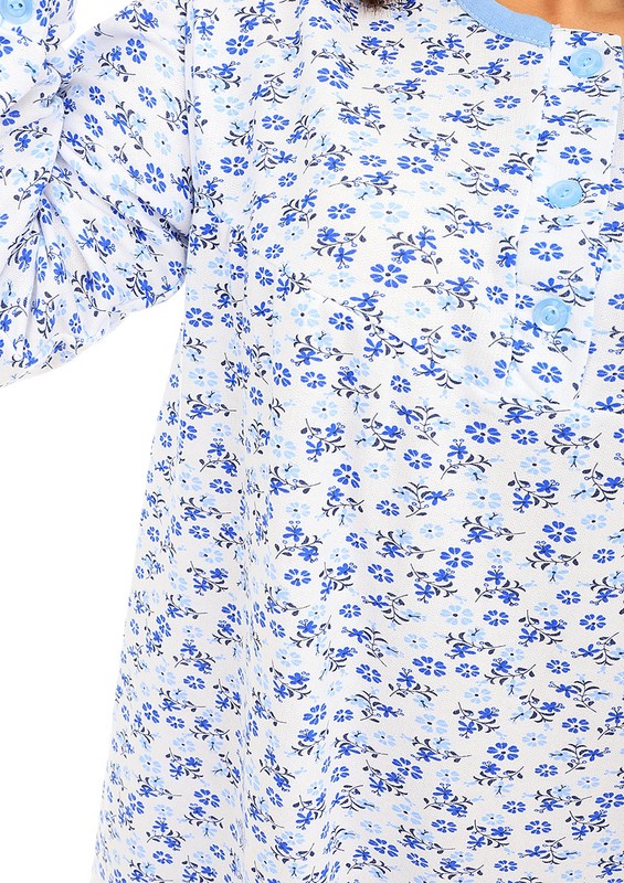 İtan Uzun ve Düğme Detaylı Çiçek Desenli Mavi Gecelik 3000 | Mavi - Thumbnail