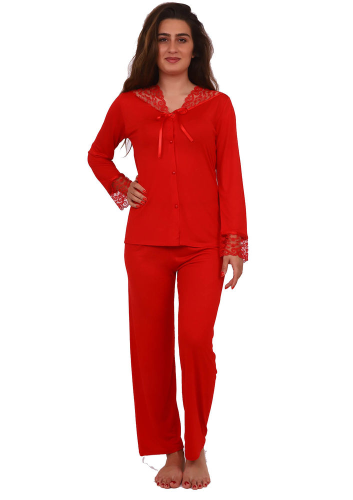 Jar Pierre Yakası ve Kolları Güpürlü Düğmeli Kırmızı Pijama Takımı 307 | Kırmızı