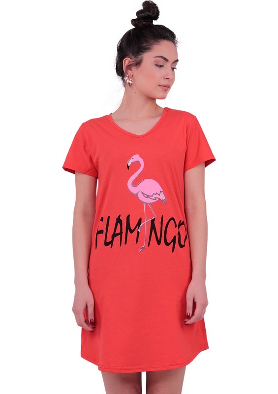 Snc Flamingo Desenli Kısa Kollu Gecelik 8041 | Kırmızı - Thumbnail