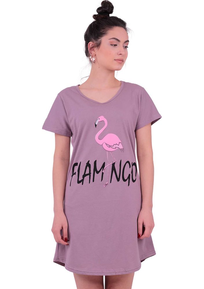 Snc Flamingo Desenli Kısa Kollu Gecelik 8041 | Vizon