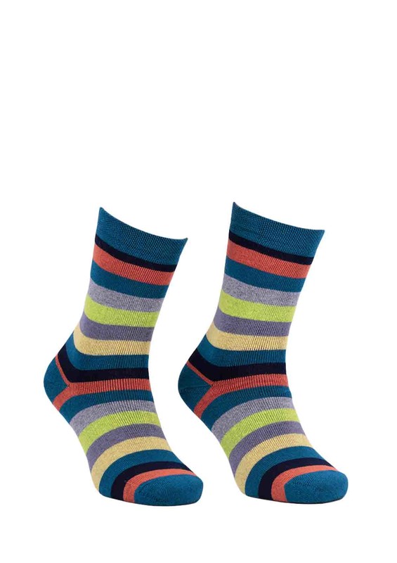 Ada Çizgili Renk Desenli Havlu Çorap 4122 | Petrol - Thumbnail