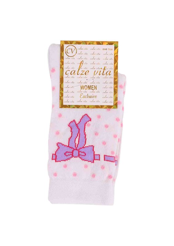 Calze Vita Puantiyeli Kurdele Desenli Çorap 345 | Beyaz - Thumbnail