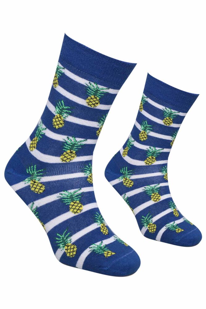 Ananas Desenli Çizgili Çorap | Mavi