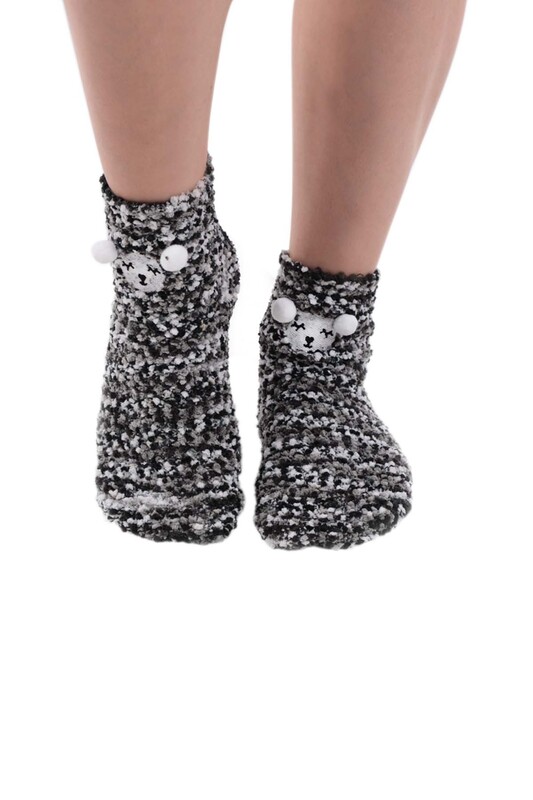 Sahab Kadın Ayıcık Desenli Peluş Çorap 48900 | Siyah - Thumbnail
