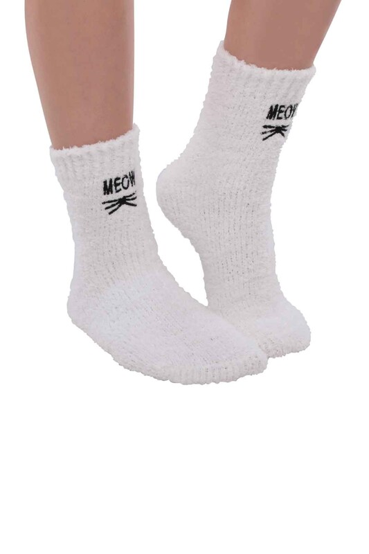 Kadın Nakışlı Peluş Çorap 48400 | Beyaz - Thumbnail
