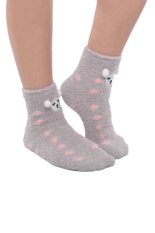 Ayıcık Nakışlı Kadın Pelüş Çorap 47100 | Gri - Thumbnail