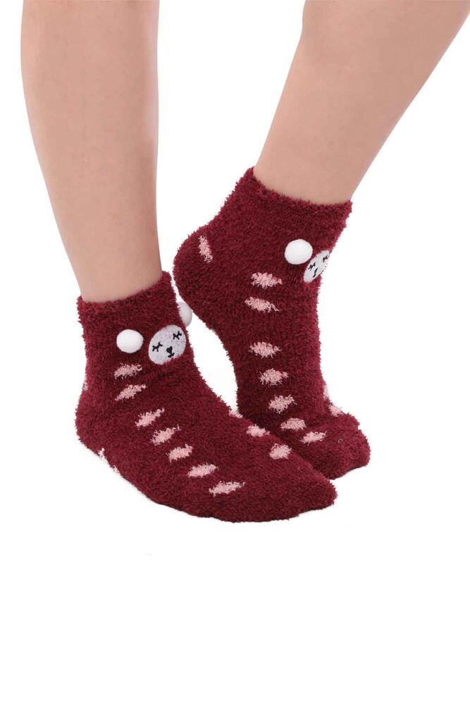 Ayıcık Nakışlı Kadın Pelüş Çorap 47100 | Bordo