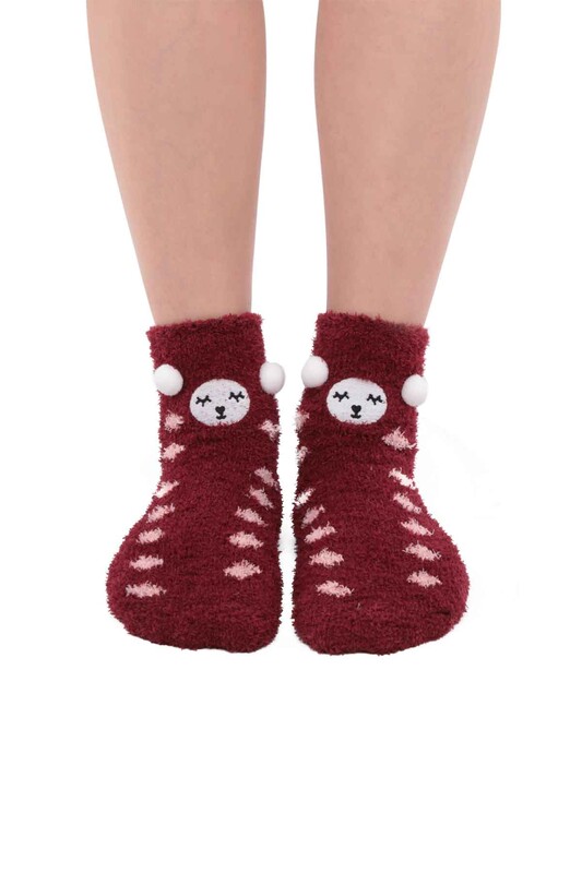 Ayıcık Nakışlı Kadın Pelüş Çorap 47100 | Bordo - Thumbnail