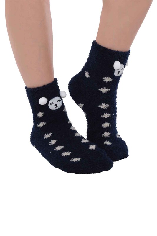 SAHAB - Ayıcık Nakışlı Kadın Pelüş Çorap 47100 | Lacivert