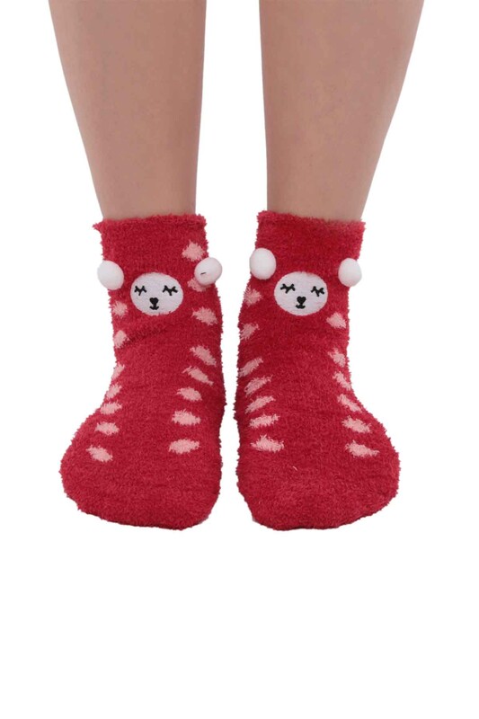 Ayıcık Nakışlı Kadın Pelüş Çorap 47100 | Kırmızı - Thumbnail