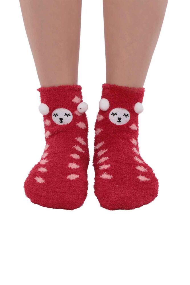 Ayıcık Nakışlı Kadın Pelüş Çorap 47100 | Kırmızı