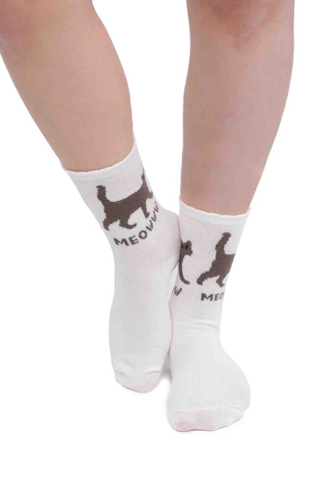Kedi Desenli Kadın Soket Çorap | Beyaz