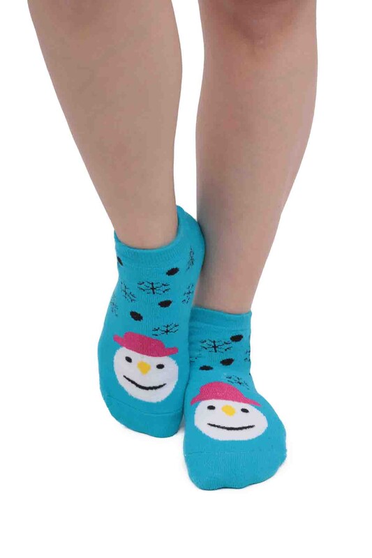 Gülen Yüz Desenli Kadın Termal Havlu Patik Çorap 3060 | Mavi - Thumbnail