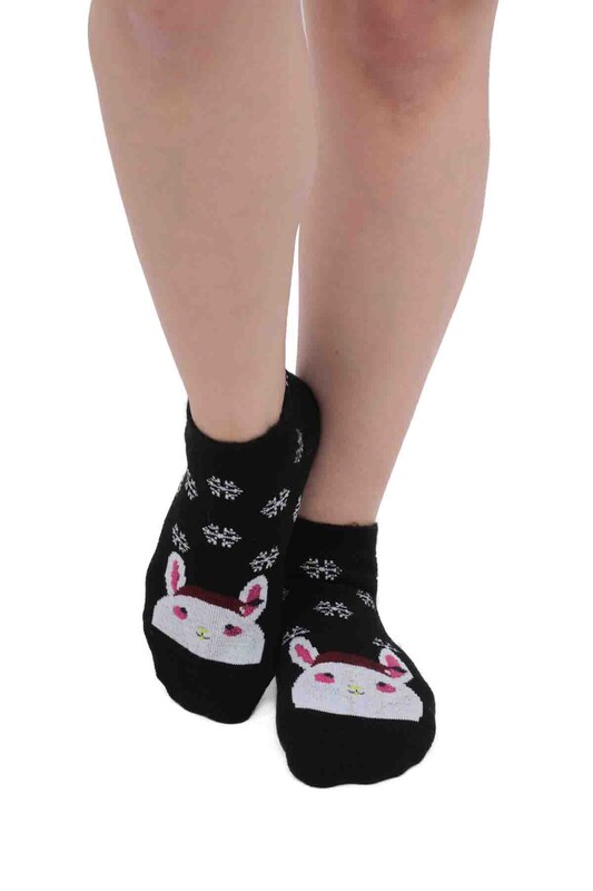 Tavşan Desenli Kadın Termal Havlu Patik Çorap 3060 | Siyah - Thumbnail