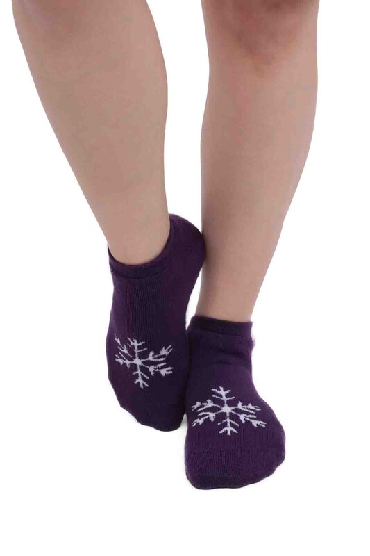 Kar Tanesi Desenli Kadın Termal Havlu Patik Çorap 3060 | Mürdüm - Thumbnail