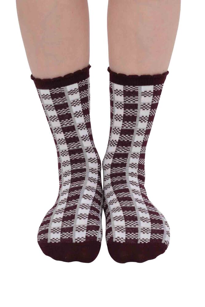 Kare Desenli Kadın Soket Çorap | Bordo