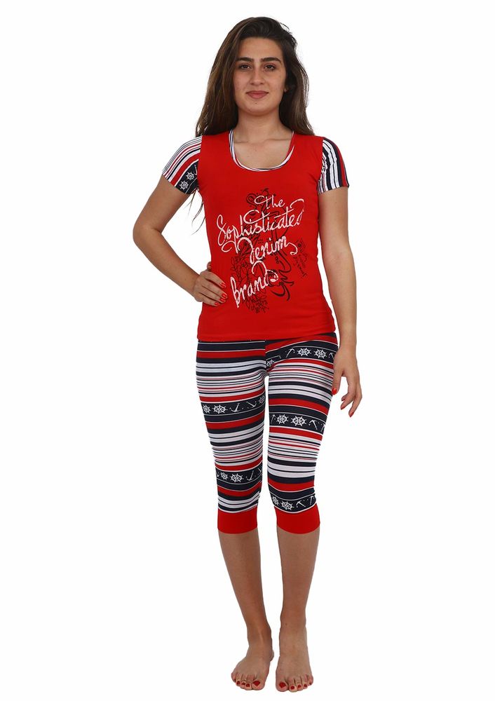 Akron Kısa Kollu Dar Paça Kaprili Desenli Pijama Takımı 5081 | Kırmızı