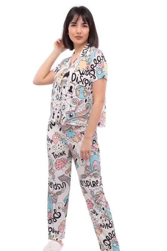 Arcan Desenli Kısa Kollu Gömlek Pijama Takımı 3'lü 80119-1 | Beyaz - Thumbnail