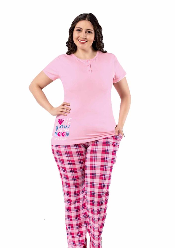 Kısa Kollu Desenli Büyük Beden Pijama Takımı 9674 | Pembe