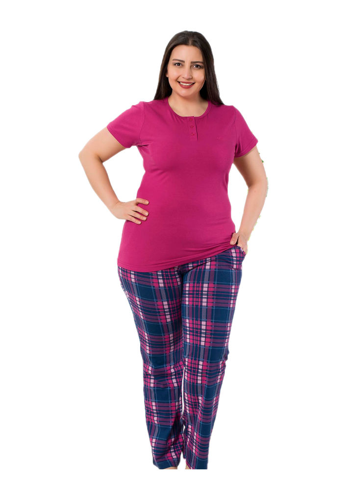 Boru Paçalı Kısa Kollu Büyük Beden Pijama Takımı 9655 | Pembe