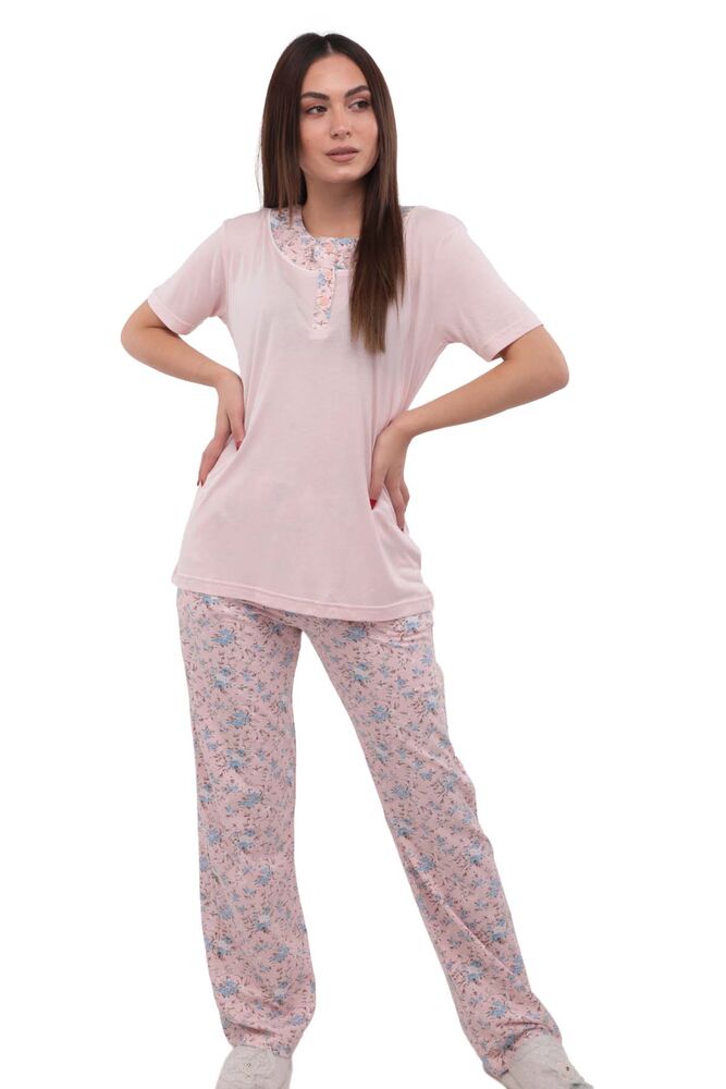 Berrak Yakası Desenli ve Düğmeli Boru Paçalı Pijama Takımı 456 | Std