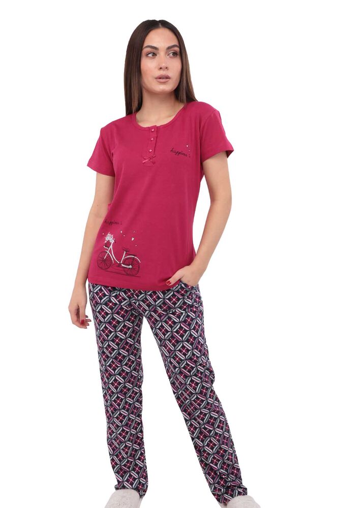 Boyraz Boru Paçalı Kısa Kollu Desenli Renkli Pijama Takımı 8404 | Pembe