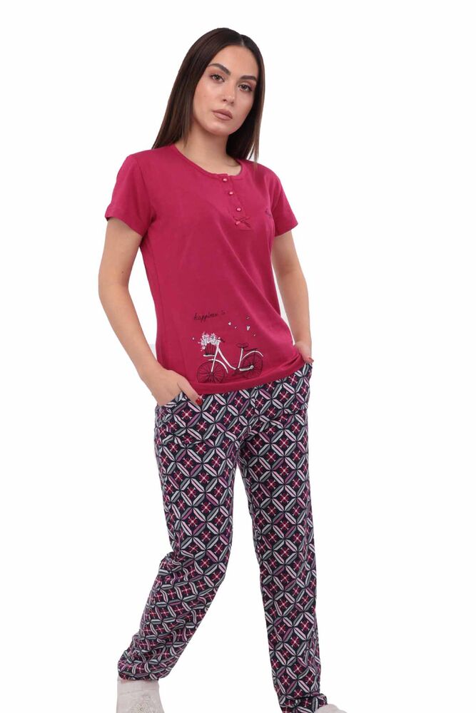 Boyraz Boru Paçalı Kısa Kollu Desenli Renkli Pijama Takımı 8404 | Pembe