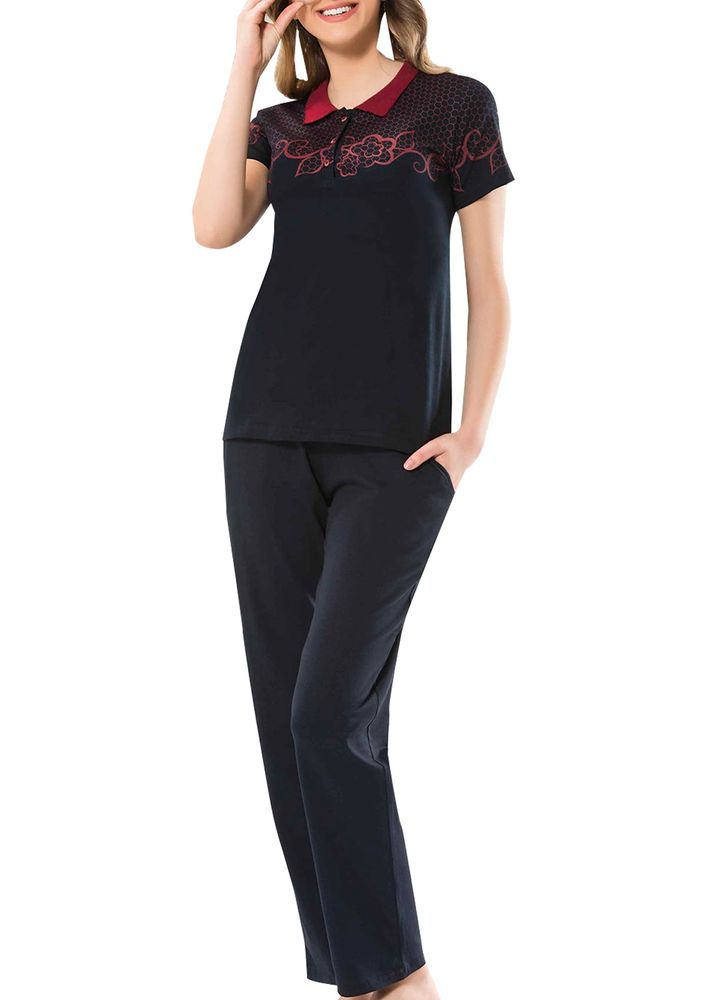 ByDon Gömlek Yakalı Yakası Düğmeli Desenli Siyah Pijama Takımı 9186 | Lacivert