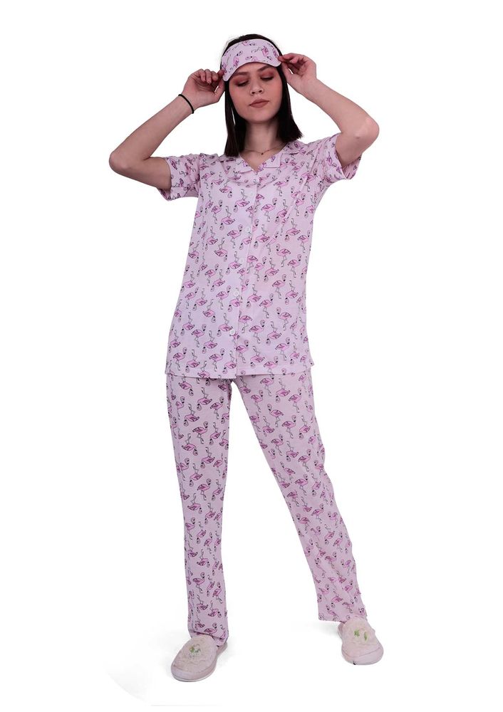 Calimera Uyku Gözlüklü Desenli Düğmeli Lila Pijama Takımı 1601 | Pembe