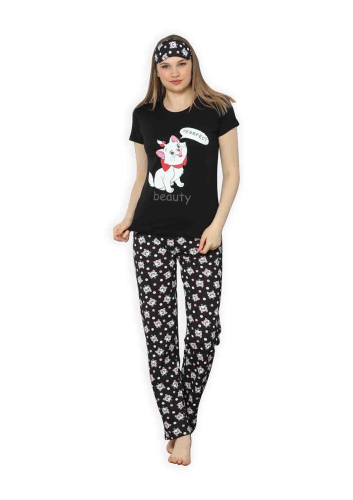 Calimera Kedicik Baskılı Kısa Kollu Kadın Pijama Takımı 2358 | Beyaz