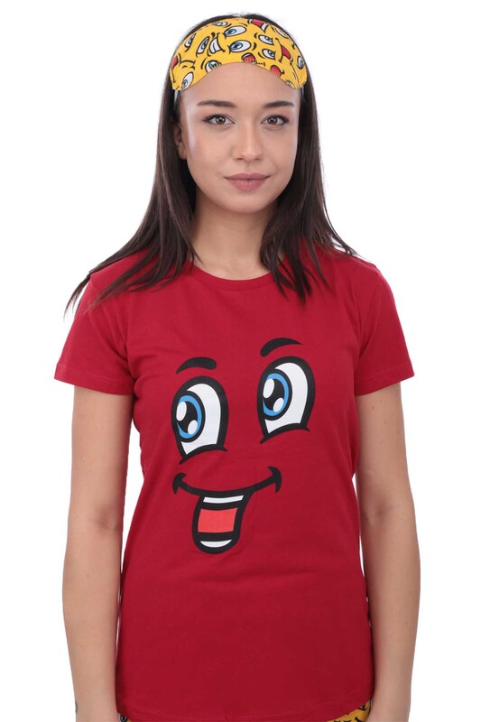 Calimera Emoji Desenli Kısa Kollu Uyku Gözlüklü Kadın Pijama Takımı 2649 | Kırmızı - Thumbnail