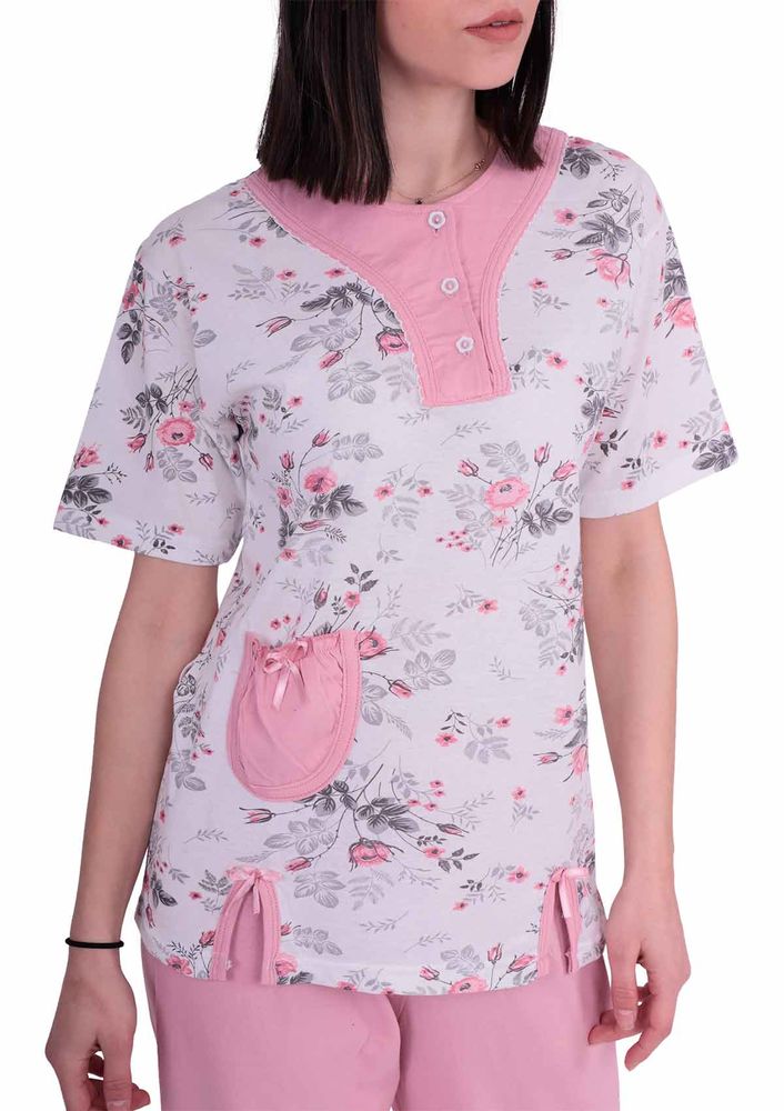 Ercan Yakası Düğmeli Önü Yırtmaçlı Büyük Beden Pijama Takımı 1001 | Pembe