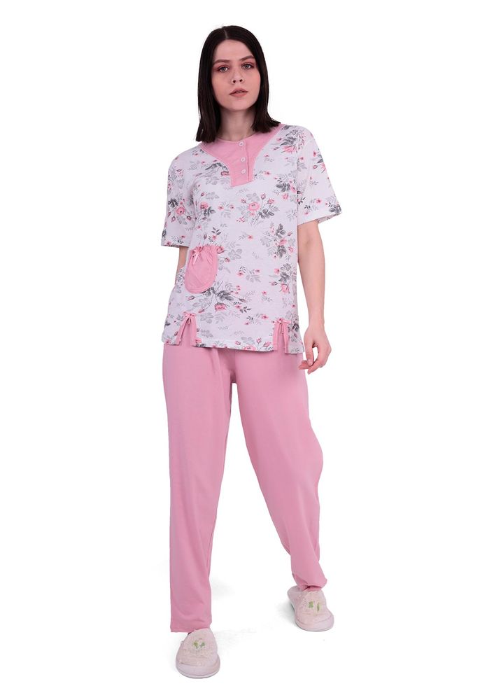 Ercan Yakası Düğmeli Önü Yırtmaçlı Büyük Beden Pijama Takımı 1001 | Pembe