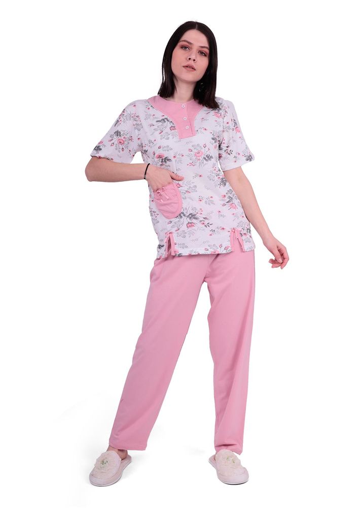 Ercan Yakası Düğmeli Önü Yırtmaçlı Büyük Beden Pijama Takımı 1001 | Pembe