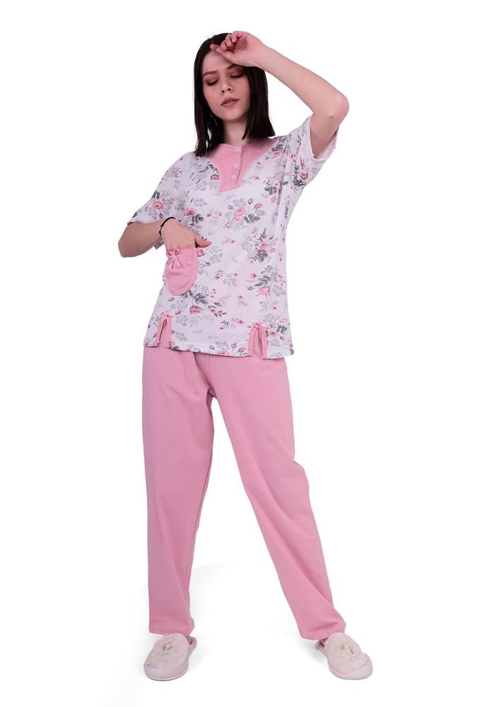 Ercan Yakası Düğmeli Önü Yırtmaçlı Büyük Beden Pijama Takımı 1001 | Pembe