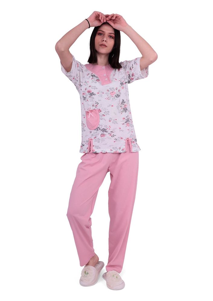 Ercan Yakası Düğmeli Önü Yırtmaçlı Büyük Beden Pijama Takımı 1001 | Pembe