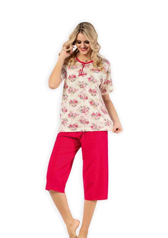 GLISA - Glisa Çiçek Desenli Kapri Pijama Takımı | Kırmızı