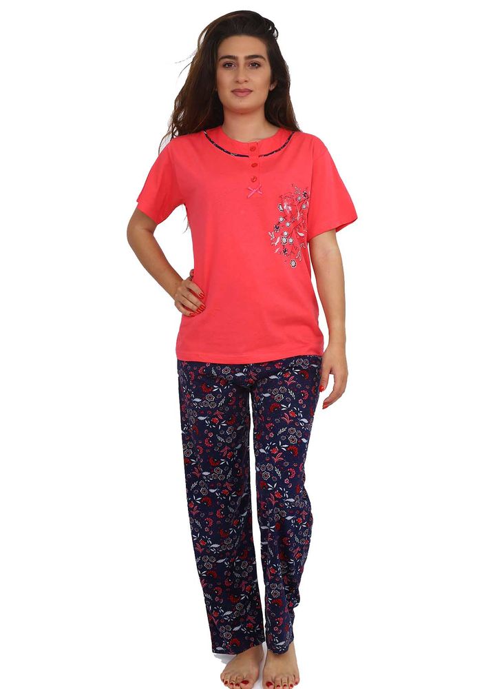 Işılay Boru Paçalı Kısa Kollu Çiçek Desenli Pijama Takımı 5720 | Nar Çiçeği