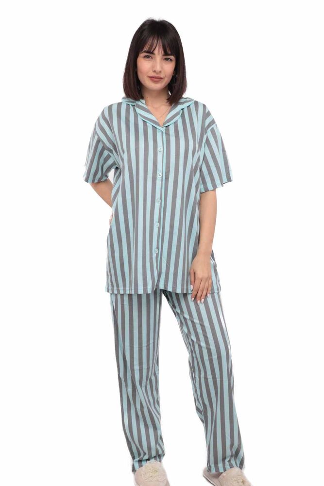 Işılay Boy Düğme Kısa Kollu Pijama Takım | Mavi