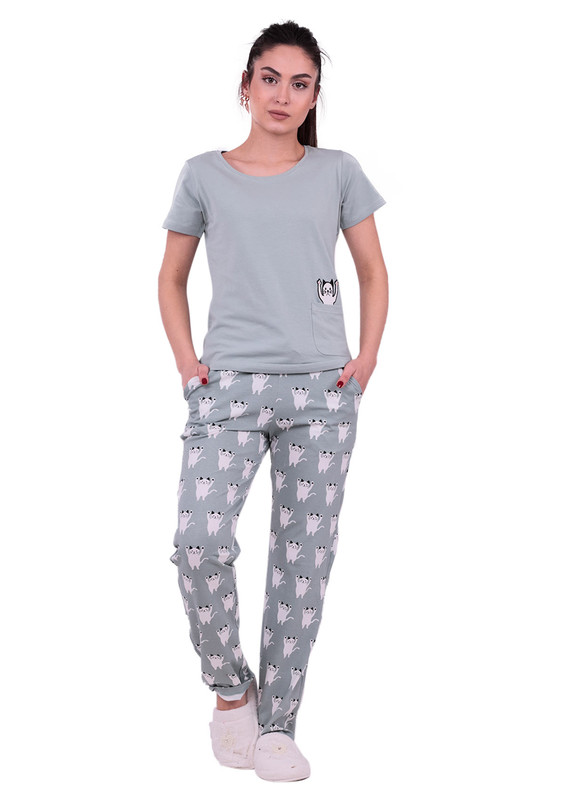 Jiber Kedi Desenli Kısa Kollu Kadın Pijama Takımı 3615 | Yeşil - Thumbnail