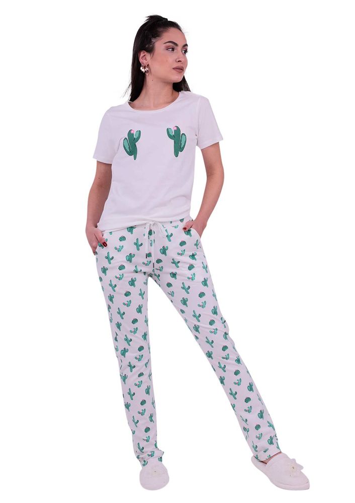 Jiber Kaktüs Desenli Kadın Pijama Takımı 3621 | Beyaz