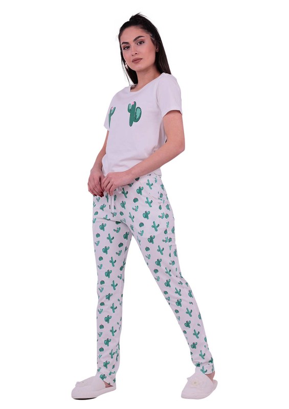 Jiber Kaktüs Desenli Kadın Pijama Takımı 3621 | Beyaz - Thumbnail