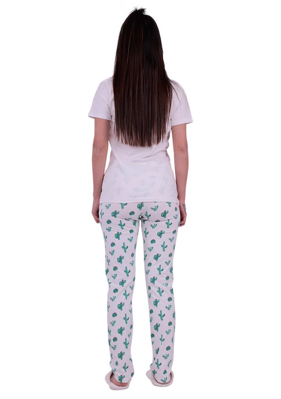 Jiber Kaktüs Desenli Kadın Pijama Takımı 3621 | Beyaz - Thumbnail