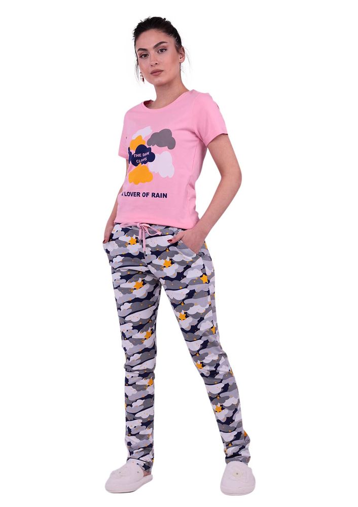 Jiber Bulut Desenli Kadın Kısa Kollu Pijama Takımı 3610 | Pembe