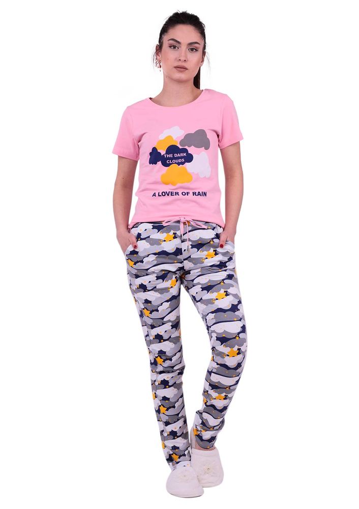 Jiber Bulut Desenli Kadın Kısa Kollu Pijama Takımı 3610 | Pembe