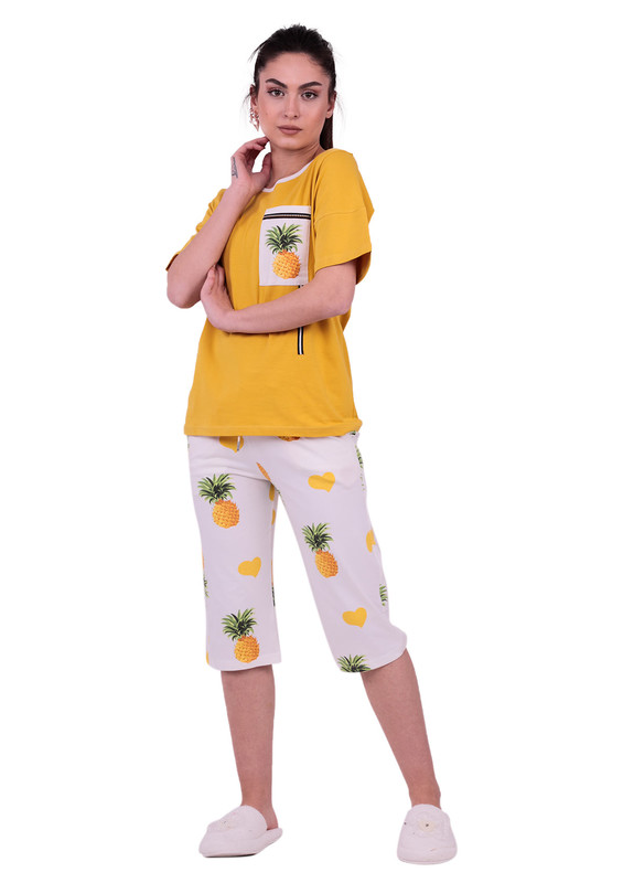 JİBER - Jiber Ananas Desenli Kadın Kapri Pijama Takımı 3636 | Sarı