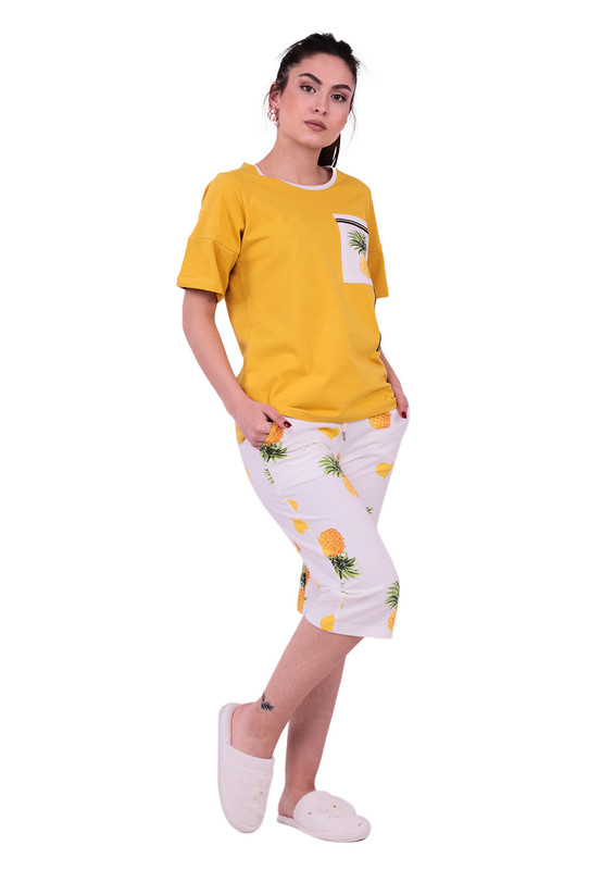 Jiber Ananas Desenli Kadın Kapri Pijama Takımı 3636 | Sarı - Thumbnail